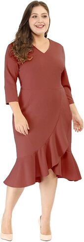 Agnes Orinda Women's Plus Size Business Ruffled Dress 3/4 Sleeve Office Work Cocktail Dresses Party Wrap Dress in Kuwait