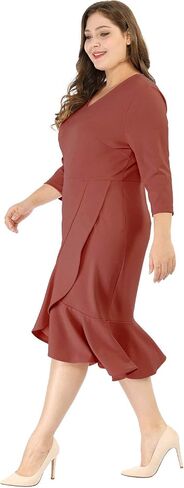 Agnes Orinda Women's Plus Size Business Ruffled Dress 3/4 Sleeve Office Work Cocktail Dresses Party Wrap Dress in Kuwait