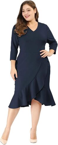 Agnes Orinda Women's Plus Size Business Ruffled Dress 3/4 Sleeve Office Work Cocktail Dresses Party Wrap Dress in Kuwait