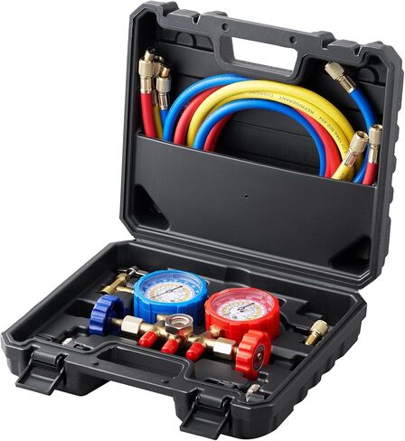 VEVOR 4 Way AC Gauge - AC Manifold Gauge Set for R134A R22 R12 R410A Refrigerant, Freon Gauges with 5ft Hoses, Couplers, Can Tap Works on Car Auto Freon Charging and Evacuation in Kuwait
