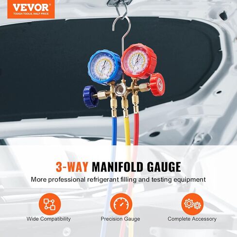 VEVOR 4 Way AC Gauge - AC Manifold Gauge Set for R134A R22 R12 R410A Refrigerant, Freon Gauges with 5ft Hoses, Couplers, Can Tap Works on Car Auto Freon Charging and Evacuation in Kuwait
