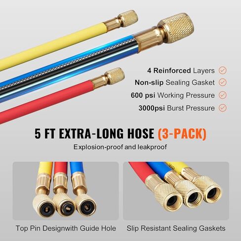 VEVOR 4 Way AC Gauge - AC Manifold Gauge Set for R134A R22 R12 R410A Refrigerant, Freon Gauges with 5ft Hoses, Couplers, Can Tap Works on Car Auto Freon Charging and Evacuation in Kuwait