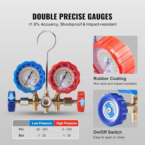 VEVOR 4 Way AC Gauge - AC Manifold Gauge Set for R134A R22 R12 R410A Refrigerant, Freon Gauges with 5ft Hoses, Couplers, Can Tap Works on Car Auto Freon Charging and Evacuation in Kuwait