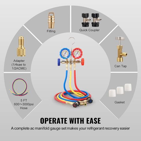 VEVOR 4 Way AC Gauge - AC Manifold Gauge Set for R134A R22 R12 R410A Refrigerant, Freon Gauges with 5ft Hoses, Couplers, Can Tap Works on Car Auto Freon Charging and Evacuation in Kuwait