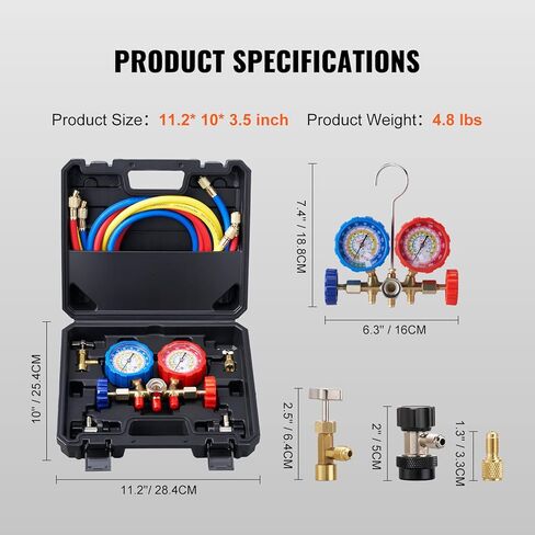 VEVOR 4 Way AC Gauge - AC Manifold Gauge Set for R134A R22 R12 R410A Refrigerant, Freon Gauges with 5ft Hoses, Couplers, Can Tap Works on Car Auto Freon Charging and Evacuation in Kuwait