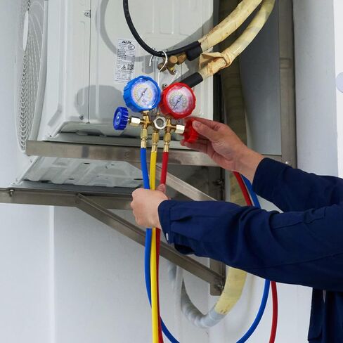 VEVOR 4 Way AC Gauge - AC Manifold Gauge Set for R134A R22 R12 R410A Refrigerant, Freon Gauges with 5ft Hoses, Couplers, Can Tap Works on Car Auto Freon Charging and Evacuation in Kuwait