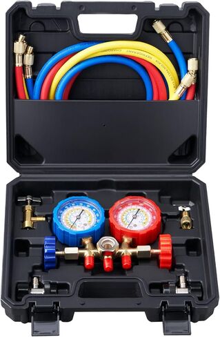 VEVOR 4 Way AC Gauge - AC Manifold Gauge Set for R134A R22 R12 R410A Refrigerant, Freon Gauges with 5ft Hoses, Couplers, Can Tap Works on Car Auto Freon Charging and Evacuation in Kuwait