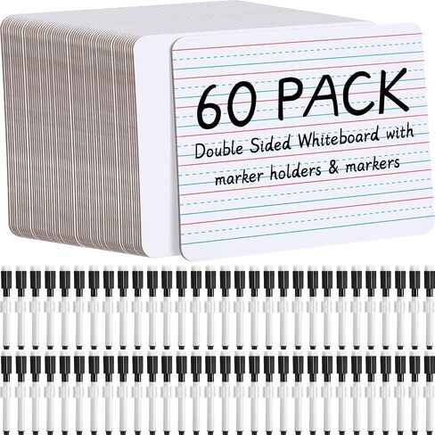 SATINIOR 60 Pcs Bulk Lined Dry Erase Board Kids Double Sided Ruled Writing Board with 60 Dry Erase Markers and 60 Marker Holders 9 x 12 Inch Small Dry Erase Lap Board with Lines Homeschool Supplies in Saudi Arabia