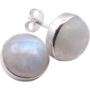 Rainbow Moonstone Stud Earrings 0.5" 925 Sterling Silver Handcrafted Gift