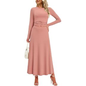 Women's 2 Piece Outfits Ribbed Knit Two Piece Skirt Sets Long Sleeve Ruched Crop Top Maxi Flowy Skirts