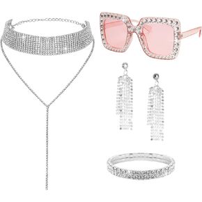 Fumwase 4pcs 70s Disco Costume Accessories for Women Halloween Party Cosplay Sunglasses Silver Bracelet Earrings Choker