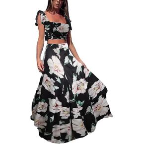 2 piece outfits for women sexy skirt set Ruffle Printed Crop Top and Boho Tropical Maxi Dress Sets