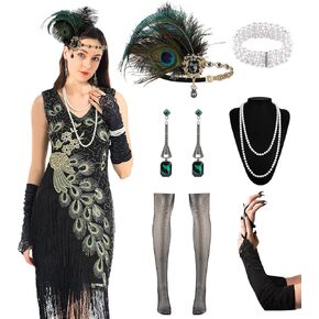 Women's Flapper Dresses 1920s Sequin Fringe Beaded Cocktail V Neck Dress Roaring 20s Accessories Vintage Headband