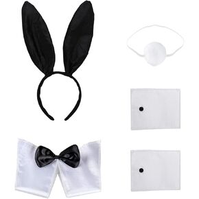 Women's Bunny Costume Set, Rabbit Ear Headband Collar Bow Tie Costume Cuffs Rabbit Tail Bunny Costume Accessories for Christmas Halloween