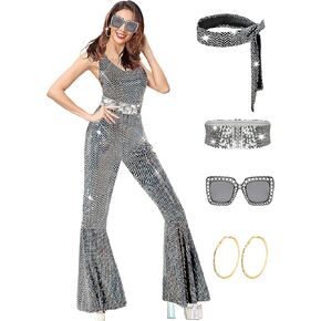 70s Disco Outfits for Women 70s Costume Set for Party Jumpsuit Sunglasses Belt Headband Earring Accessories Set