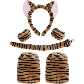 6 PCS Tiger Costume Set Furry Tiger Ears Headband Gloves Leg Covers and Tail Fancy Tiger Costume Kit for Halloween Carnival Birthday Party Animal Cosplay Accessories