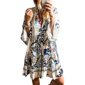 SELINK Womens Long Sleeve Dresses Casual V Neck Tribal Print Button Flowy Boho Mini Beach Dress