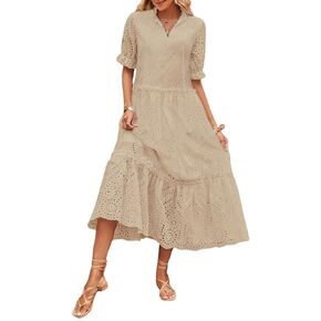 chouyatou Women's Summer Boho Embroidery Eyelet Dress V-Neck Collared Tiered Midi Tunic Dress