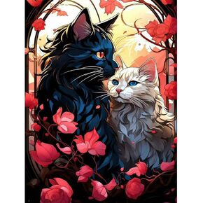 مجموعات الرسم الفني الماسي من QENSPE للبالغين، والقطط الرومانسية للزوجين، لوحات نقاط الماس المثقوبة الكاملة للمبتدئين، مجموعات طلاء فنية وحرف يدوية 5D مستديرة، مقاس 12 × 16 بوصة in Kuwait