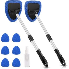 AstroAI Windshield Cleaning Tool, Car Window Cleaner Windshield Cleaner with 8 Reusable and Washable Microfiber Pads and Extendable Handle Auto Inside Glass Wiper Kit, Blue, 2 Pack