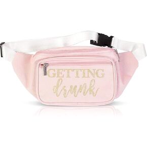 Sparkle and Bash Getting Drunk Bridesmaid Fanny Pack for Bridal Showers (Pink with Gold Glitter)
