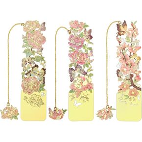 3 PCS Metal Bookmarks, Bookmarks for Reading Women, Pretty Bookmarks for Women, Beautiful Metal Bookmark, Beautiful Flower Bookmark, Peach Blossom, Cottonrose Hibiscus, Peony (BKM-050-001)