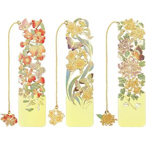 3 PCS Metal Bookmarks, Bookmarks for Reading Women, Pretty Bookmarks for Women, Beautiful Metal Bookmark, Beautiful Flower Bookmark, Peach Blossom, Cottonrose Hibiscus, Peony (BKM-050-001)