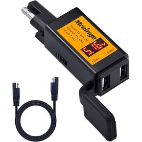 Motorcycle USB Charger, Mroinge 36W SAE to USB Adapter Dual Port QC3.0/2.0 Fast Charge, with Voltmeter/Ammeter & ON/Off Switch & 10A Fuse, Perfect for Your Phone or Smart Device Charging