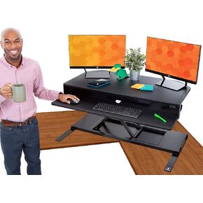 Flexpro Power 40 Inch Electric Corner Desk Converter for Cubicles and L-Shaped Desks with Quiet Height Adjustments, Large Dual Level Sit to Stand Computer Workspace (Black, 44in x 32in)