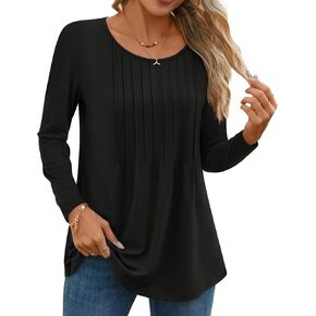 TAOHUADAO Women Fall Long Sleeve Tops Pleated Crew Neck Tunic Casual Dressy Blouse Shirts