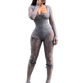 Mojessy Sexy Sheer Outfits for Women Lace Long Sleeve U Neck Bodycon Jumpsuit Streetwear Rompers