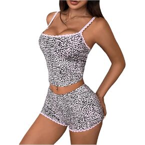 WDIRARA Women's 2 Piece Leopard Print Outfits Lace Trim Shorts Set Cami Top and Shorts