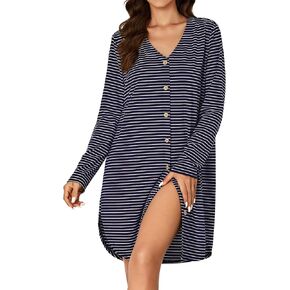 Vrtige Women's Striped Nightshirt Button Down Long Sleeve Nightdress Nightgown Sleepwear