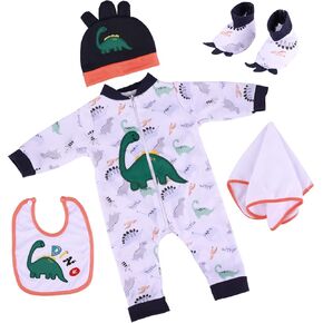 BABESIDE 6 PCS Reborn Baby Doll Clothes Dinosaur Pattern for 17-22 Inch Baby Dolls Onesie Baby Romper Set with Hat & Socks