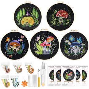 Windspeed 5 Pack Mushroom Embroidery Kit, Cross Stitch Kits Black Embroidery Kit for Adults Funny Hand Embroidery Kits with Patterns and Instructions Hoops Needles Threads