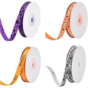 Halloween Ribbon, 4 Rolls Gift Wrapping Ribbon with Purple Pumpkin, White Spider Web and Orange Bat Halloween Words (100 Yards, 0.4in inch Wide)