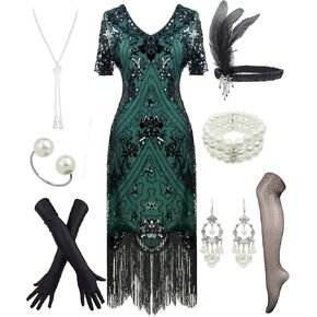Women 1920s Plus V-Neck Sequin Art Deco Flapper Dress with 20s Gatsby Accessories Set