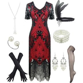 Women 1920s Plus V-Neck Sequin Art Deco Flapper Dress with 20s Gatsby Accessories Set in Kuwait