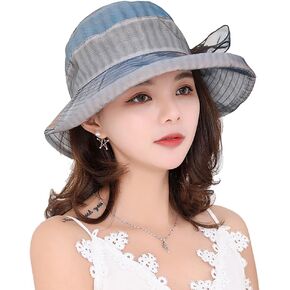 Women’s Organza Sun Hat Packable Wide Brim Bucket Flower Bow Wedding Church Dress Hat Fascinator Bridal Tea Party Hat