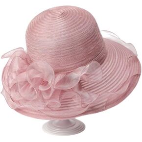 Women Organza Church Hat Wide Brim Fascinator Sun Hats Tea-Party Organza Bowler Cloche Hat Dress Wedding Hat with Flower
