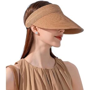 Lam Galllery Sun Visor Hat for Women Straw Sun Hat for Summer Beach Ponytail Sun Hat Wide Brim Hat for Outdoor-Khaki