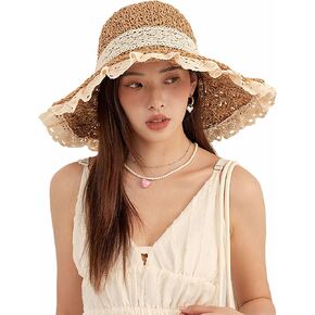 Women Beach Straw Hat Floppy Wide Brim Lace Sun Hat Foldable Packable Straw Hat UPF50+ Summer Travel Sun Protection Beach Hat