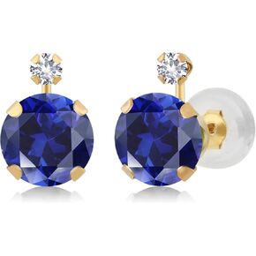 Gem Stone King 14K Yellow Gold Blue and White Created Sapphire Jewelry Earrings For Women (2.08 Cttw, Round 6MM+2MM)