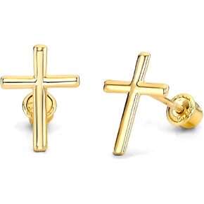 14k REAL Yellow Gold Cross Stud Earrings with Screw Back