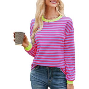 PopReal Womens Striped T Shirts Fall Long Sleeve Crew Neck Loose Fit Tops Casual 2024 Trendy