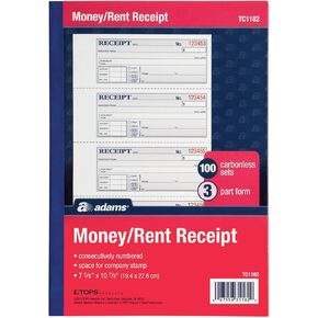 Adams Money and Rent Receipt Books, 3-Part Carbonless, 7-5/8" x 10-7/8", Bound Wraparound Cover, 100 Sets per Book, 4 Receipts per Page, 5 Books per Pack (TC1182-5)