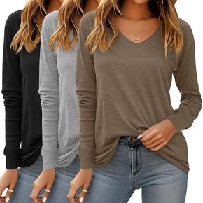 Ficerd 3 Pcs CVC Fleece V Neck Long Sleeve T Shirts for Women Fall Loose Fitted Tunic Tops Thermal Basic Tees