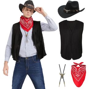 Western Cowboy Costume Men Tasseled Vest Hat Bandana Necklace Cowboy Outfit Accessories for Halloween Cosplay