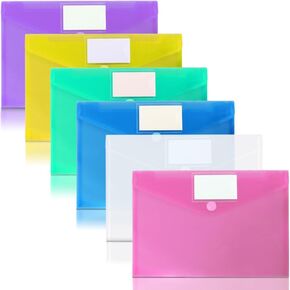 OUTYLTS 11 Pack Plastic Poly Filing Envelopes, Clear Document Folders US Letter A4 Size File Envelopes with Label Pocket & Paste Button for School Home Work Office Organization, 6 Assorted Color