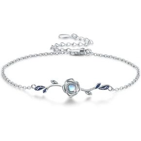 Leaf/Rose Moonstone Bracelet,S925 Sterling Silver Moonstone Bracelets For Women,Moonstone Link Bracelet,Olive Leaf Bracelet,Moonstone Leaf/Rose Jewelry Gifts For Women(Silver/Rose Gold/Gold)
